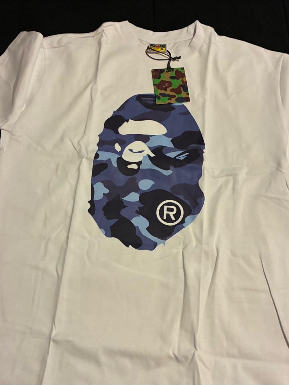 WHITE Men’s Graphic Tee with Blue Camo Ape Logo